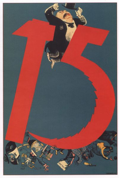 Picture of 15th - the day of the October revolution. The hitlerists and capitalists are squashed by a hammer and sickle