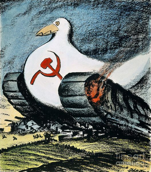 Picture of American cold war poster  - Soviet claims for striving for peace are presented as an attacking tank